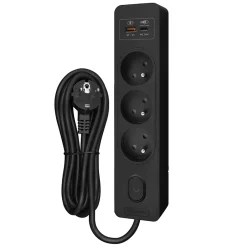 Multiprise G3FH32S, 3 prises type E + interrupteur, USB A+C charge rapide 20W, Noir, câble 3m-Seldur