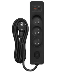 Multiprise G3FH32S, 3 prises type E + interrupteur, USB A+C charge rapide 20W, Noir, câble 3m-Seldur