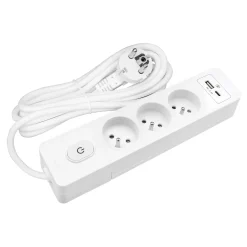 Multiprise G3FU22B, 3 prises type E + interrupteur, USB A+C charge standard 12W, Blanc, câble 2m-Seldur Outlet