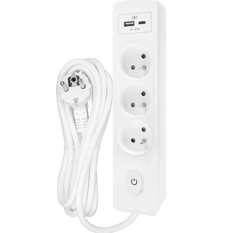 Multiprise G3FU52B, 3 prises type E + interrupteur, USB A+C charge standard 12W, Blanc, câble 5m^Seldur New