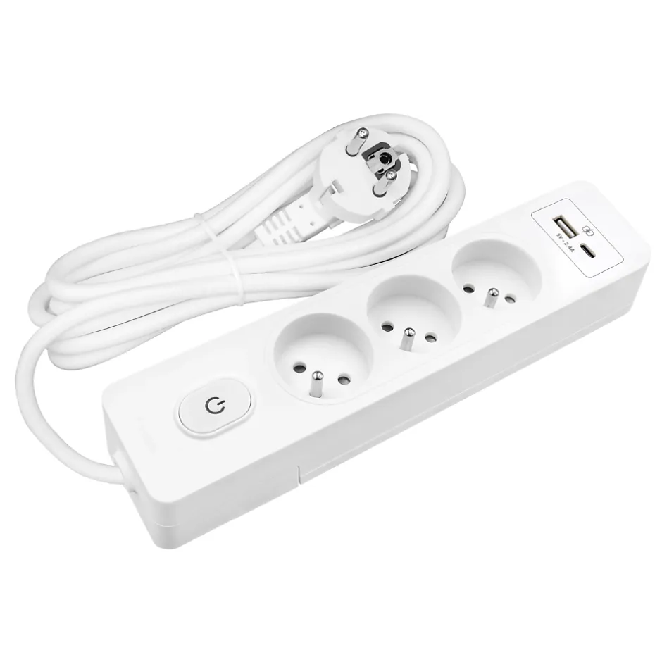 Multiprise G3FU52B, 3 prises type E + interrupteur, USB A+C charge standard 12W, Blanc, câble 5m^Seldur New