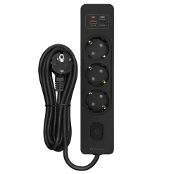 Multiprise G3TH12S, 3 prises type F + interrupteur, USB A+C charge rapide 20W, Noir, câble 1.5m^Seldur Online