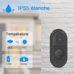 Noir Sonnette de Porte sans Fil 300M Étanche Carillon Electronique avec Récepteur Enfichable pour la Maison 55 Mélodies LED^Deko New