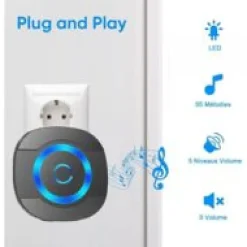 Noir Sonnette de Porte sans Fil 300M Étanche Carillon Electronique avec Récepteur Enfichable pour la Maison 55 Mélodies LED^Deko New