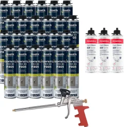 Pack 24 Mousses expansives PU pistolable P305 Foam'n'Fill 750ml + 3 Nettoyants FoamCleaner 929 500ml + Pistolet manuel^Bostik Best