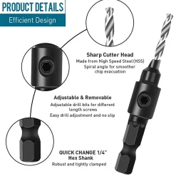 5Pcs Jeu de Forets à Chanfreiner, Jeu de Fraises Tige hexagonale Réglable 1/4" Changement Rapide, Mèches à fraiser remplaçables-Deko Hot