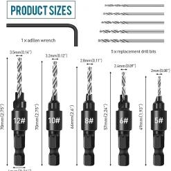 5Pcs Jeu de Forets à Chanfreiner, Jeu de Fraises Tige hexagonale Réglable 1/4