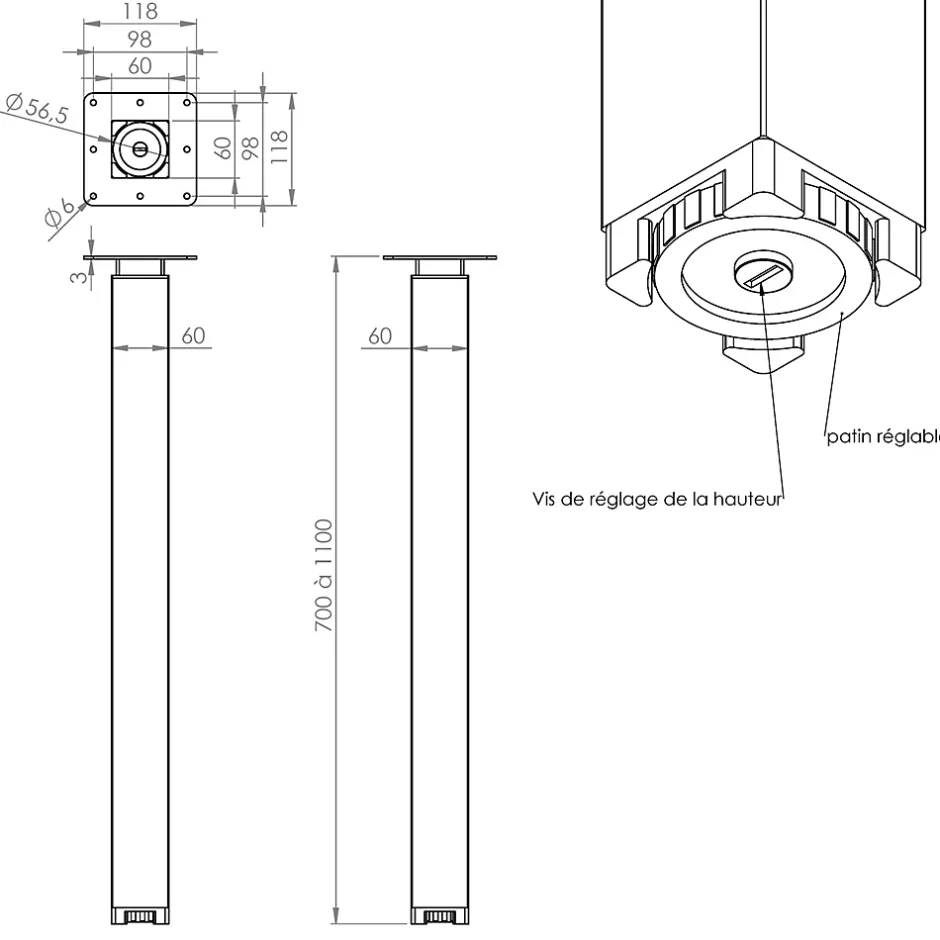 Pied de plan de travail carré en acier époxy nickelé brossé Zoom H. 70 / 110 cm^Cime Hot