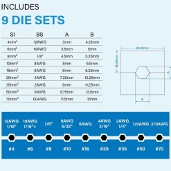Pince à Sertir Hydraulique 10T avec 9 Matrices Hexagonales Course 12mm-Teeno Hot
