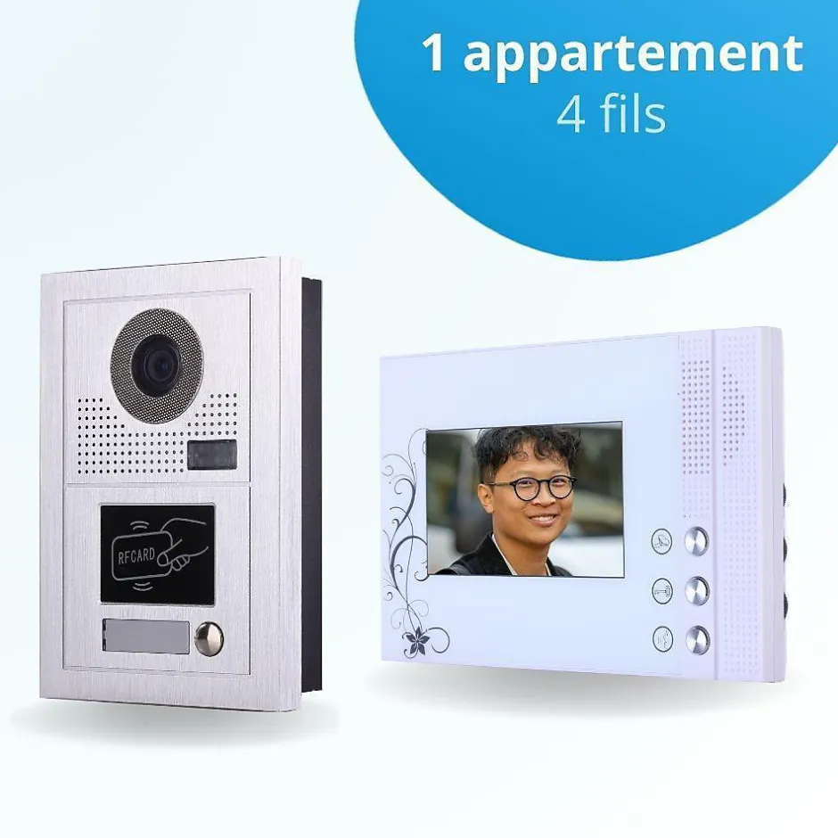 Portier interphone vidéo classic-2 4 fils - 1 écran blanc - avec lecteur de badge^BT SECURITY Sale