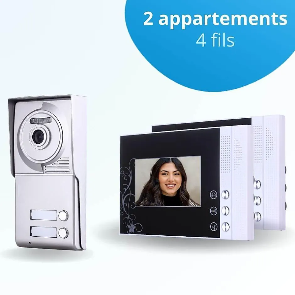 Portier interphone vidéo classic 4 fils - 2 appartements - 2 écrans noirs-BT SECURITY Outlet