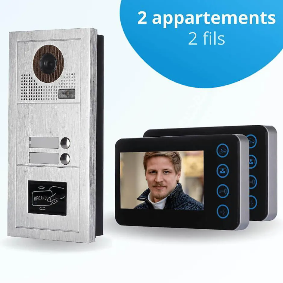 Portier interphone vidéo modern 2 fils - 2 appartements - 2 écrans noirs - avec lecteur de badge-BT SECURITY Discount