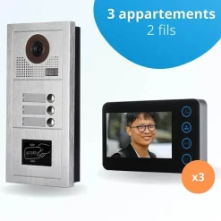 Portier interphone vidéo modern 2 fils - 3 appartements - 3 écrans noirs - avec lecteur de badge-BT SECURITY Outlet