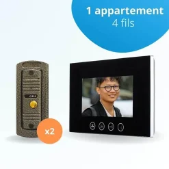 Portier interphone vidéo pino 4 fils pour 2 entrées - 1 appartement - 2 platines - 1 écran noir 7