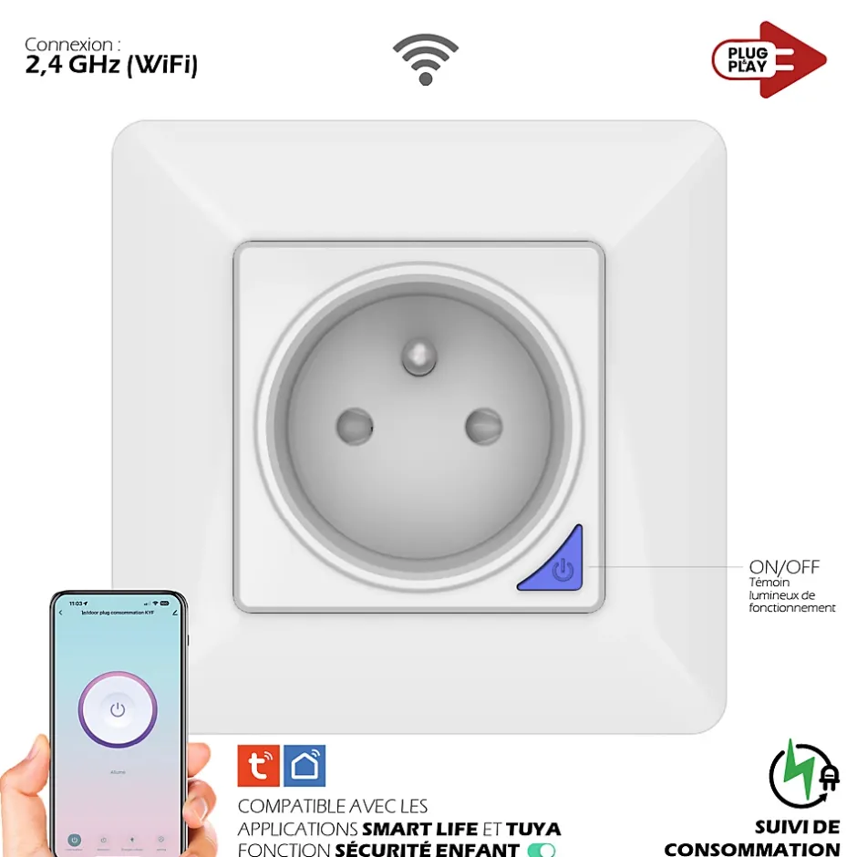 Prise intérieure encastrée 3000W connectée Wifi + Suivi de consommation^Kyf Sale