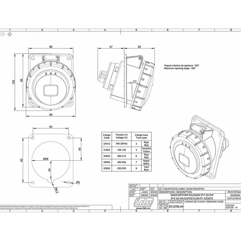 Prise Triphasé 32a 3p+t - 4 Broches - Encastrable Sur Coffret - étanche Ip67 --Ide New