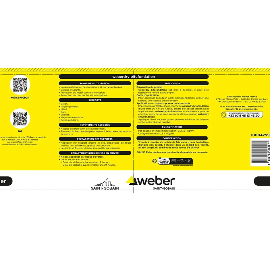 Revêtement d'imperméabilisation des fondations et collage d’isolants 10 kg prêt à l'emploi, Weberdry Bitufondation-Weber Saint-Gobain Outlet