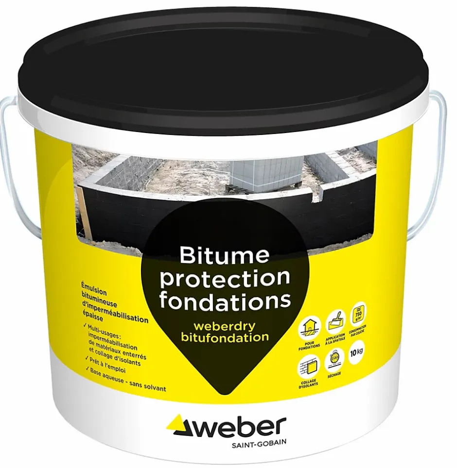 Revêtement d'imperméabilisation des fondations et collage d’isolants 10 kg prêt à l'emploi, Weberdry Bitufondation-Weber Saint-Gobain Outlet