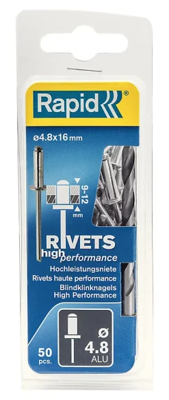 Rivets aveugles alu haute performance Ø4.8x16mm + foret de perçage, 50 pièces-Rapid Hot