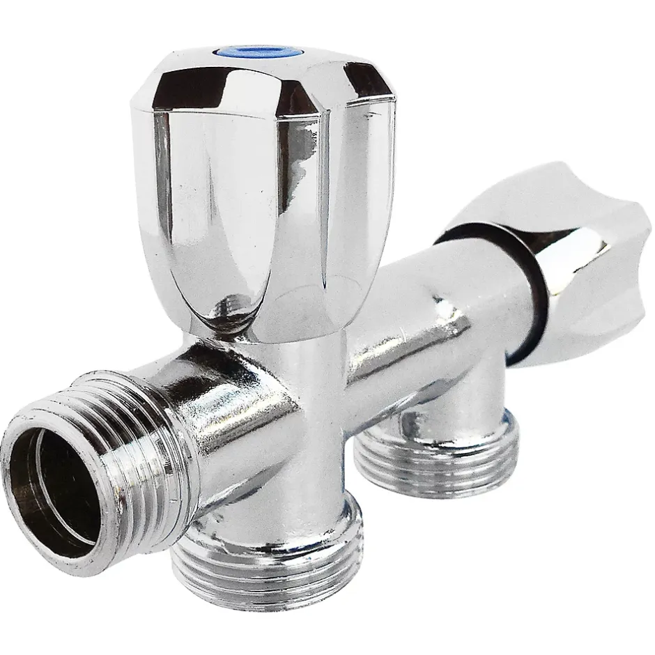 Robinet à clapet à double sorties pour l'alimentation de 2 machines à laver, Entrée Mâle 1/2" - Double sortie Mâle 3/4"^Somatherm for you Clearance