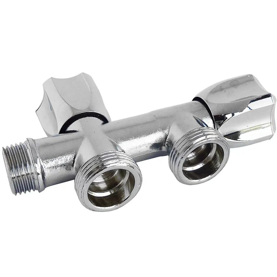 Robinet à clapet à double sorties pour l'alimentation de 2 machines à laver, Entrée Mâle 1/2" - Double sortie Mâle 3/4"^Somatherm for you Clearance