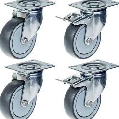 Roulette 100mm 4" à bandage caoutchouc gris, pivotante et avec frein, forte capacité de 440kg, jeu de 4-Parnells Outlet