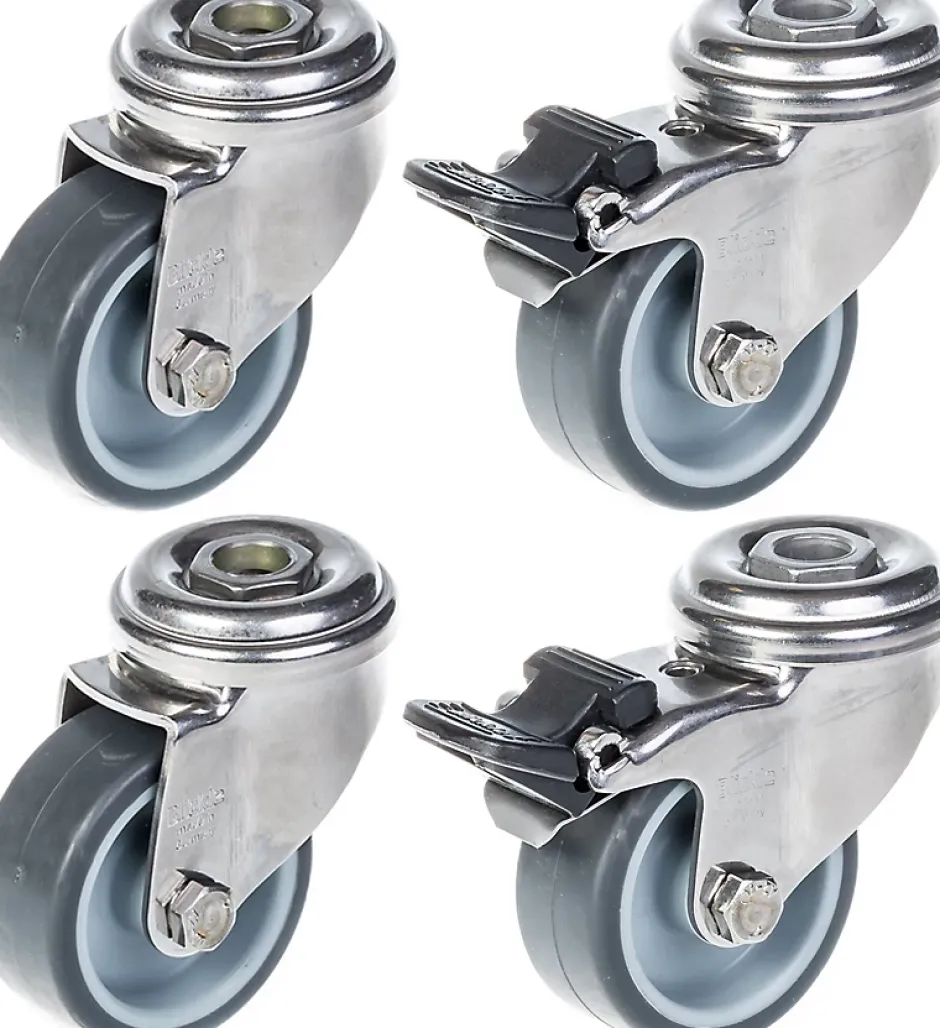 Roulette 50mm 2" en acier inoxydable, caoutchouc gris, pivotante et avec frein, 160kg, jeu de 4^Parnells Discount