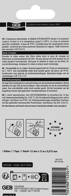 Ruban d'étanchéité PTFE 12mm x 12m vendu par 2^ Discount