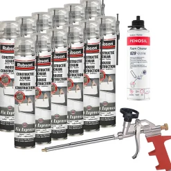 Pack 12 Mousses construction 750ml Fix Express + Nettoyant FoamCleaner 929 500ml Penosil + Pistolet-Rubson Clearance