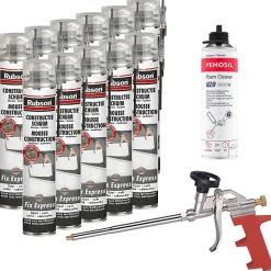 Pack 11 Mousses construction 750ml Fix Express + Nettoyant FoamCleaner 929 500ml Penosil + Pistolet^Rubson Best