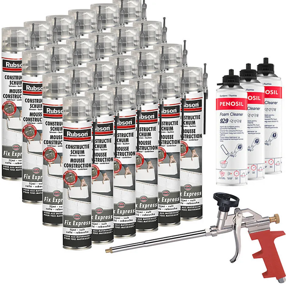 Pack 24 Mousses construction 750ml Fix Express + 3 Nettoyants FoamCleaner 929 500ml Penosil + Pistolet^Rubson Sale