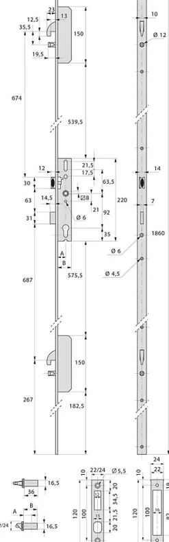 Serrure 3 points TF3 à pêne crochet et pêne dormant de coffre 45mm têtières en U 24x6mm - STREMLER - 6470.45.0B-Stremler Assa Abloy Online