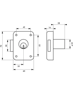 Serrure de meuble en applique pour porte d'ameublement, gauche, axe 35mm, 70x60mm, noir, 3 clés -^Thirard New