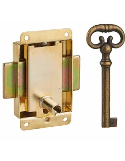 Serrure de meuble en applique pour porte d'ameublement, axe 20mm, 40x50mm, laiton, 1 clé -^Thirard