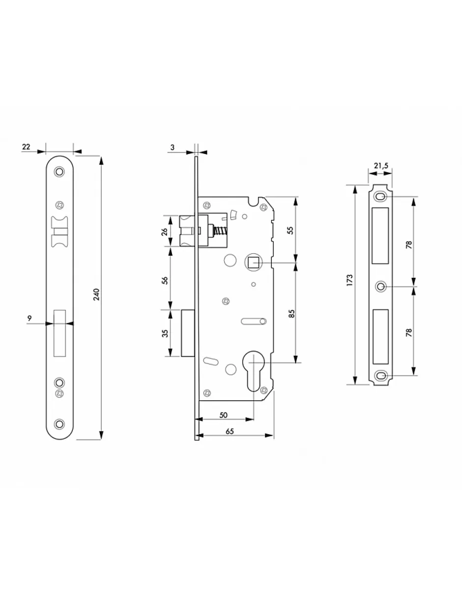 Serrure encast. Intelock trou cylindre pour poignées connectées, inox, axe50mm, entr'axes85mm, carré8, BR - INTELOCK-Thirard Clearance