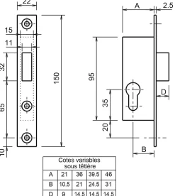 Serrure monopoint à larder profil étroit pêne dormant seul petit coffre Série 14 largeur 21mm - - F114210000^Metalux Sale