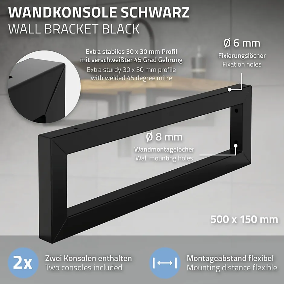 Set de 2x consoles murales support d'étagères en acier noir mat 500x150x30 mm-Ml-Design Sale