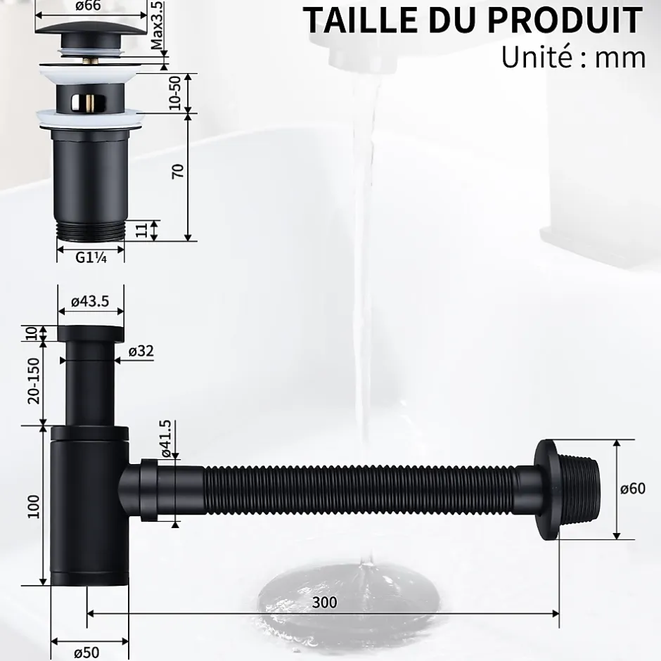 Siphon de Lavabo avec Bonde Pop Up Universel Noir Mat en Acier Inox et Laiton pour Salle de Bain-Homelody