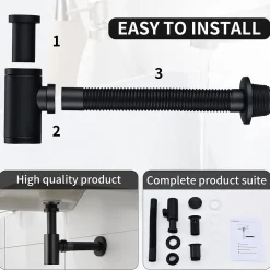 Siphon de Lavabo avec Bonde Pop Up Universel Noir Mat en Acier Inox et Laiton pour Salle de Bain-Homelody