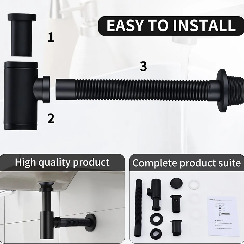 Siphon de Lavabo avec Bonde Pop Up Universel Noir Mat en Acier Inox et Laiton pour Salle de Bain-Homelody