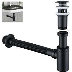 Siphon de Lavabo avec Bonde Pop Up Universel Noir Mat en Acier Inox et Laiton pour Salle de Bain-Homelody