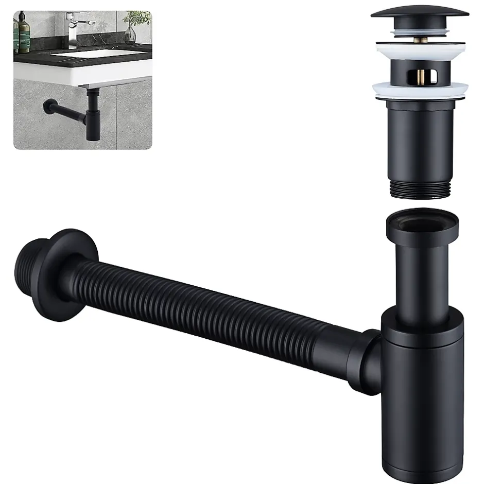 Siphon de Lavabo avec Bonde Pop Up Universel Noir Mat en Acier Inox et Laiton pour Salle de Bain-Homelody