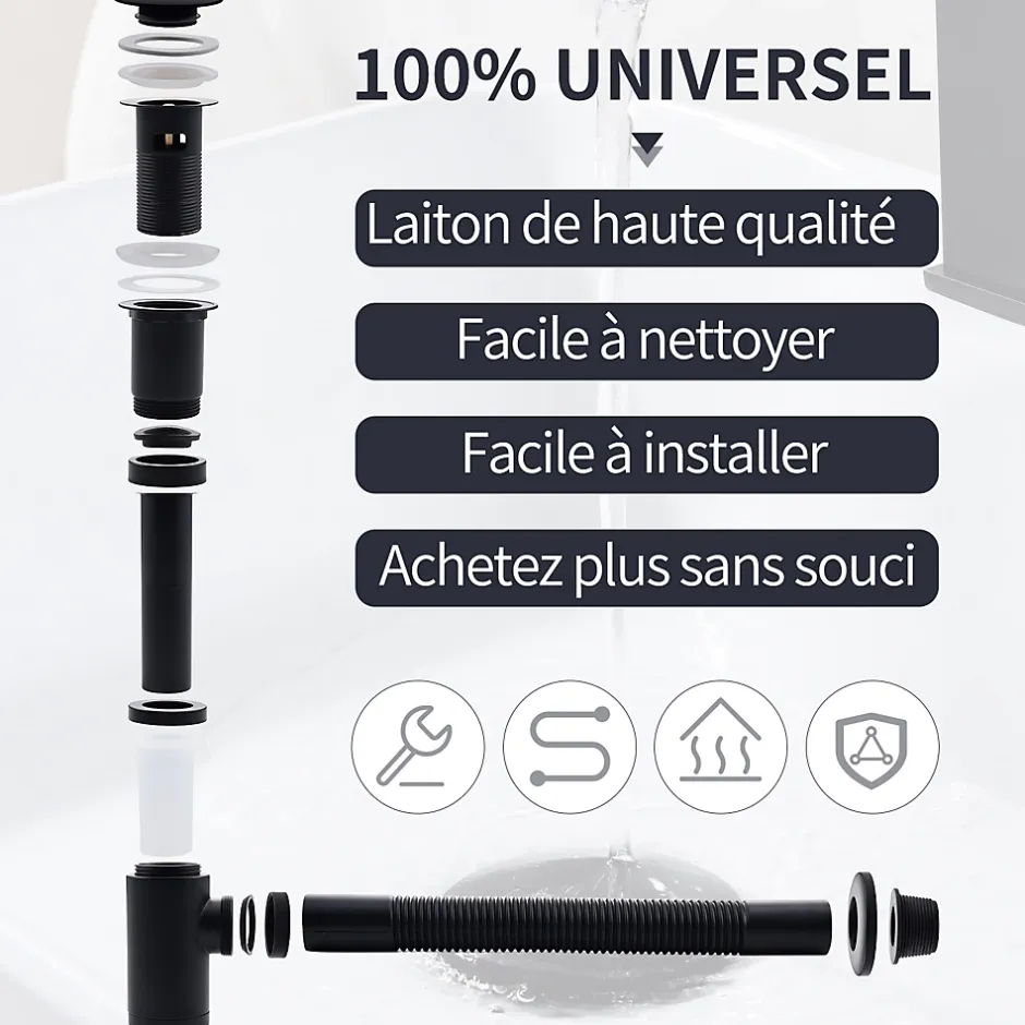 Siphon de Lavabo avec Bonde Pop Up Universel Noir Mat en Acier Inox et Laiton pour Salle de Bain-Homelody