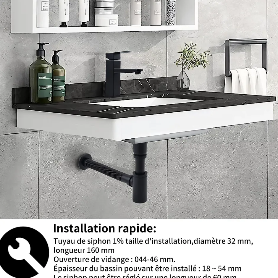 Siphon de Lavabo avec Bonde Pop Up Universel Noir Mat en Acier Inox et Laiton pour Salle de Bain-Homelody