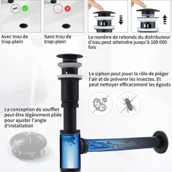 Siphon de Lavabo avec Bonde Pop Up Universel Noir Mat en Acier Inox et Laiton pour Salle de Bain-Homelody