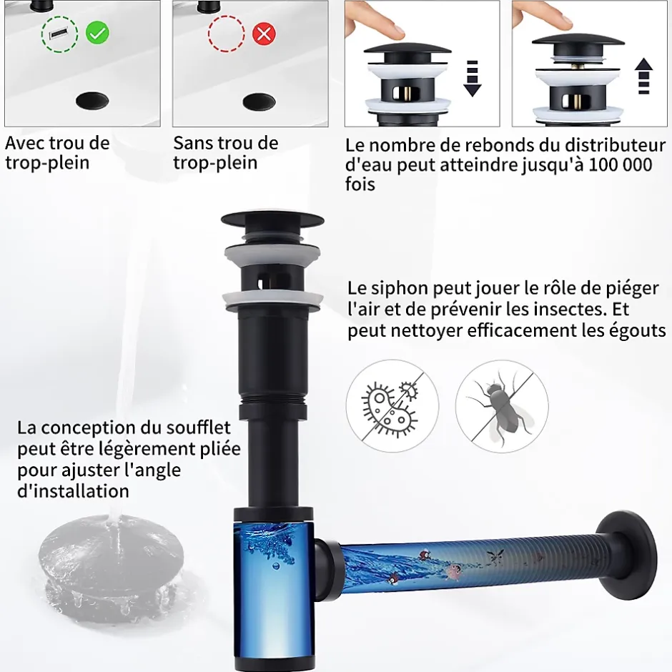 Siphon de Lavabo avec Bonde Pop Up Universel Noir Mat en Acier Inox et Laiton pour Salle de Bain-Homelody