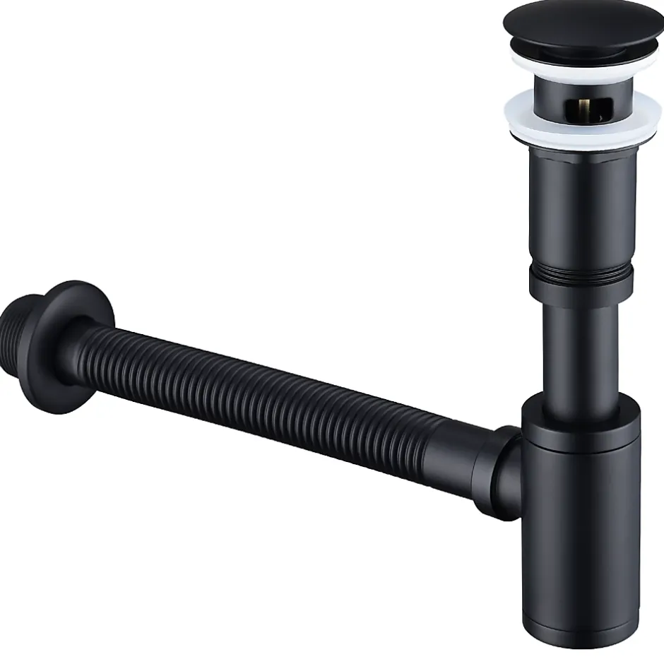 Siphon de Lavabo avec Bonde Pop Up Universel Noir Mat en Acier Inox et Laiton pour Salle de Bain-Homelody