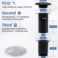 Siphon noir à clapet avec trop-plein, adapté aux lavabos et éviers-Homelody Online