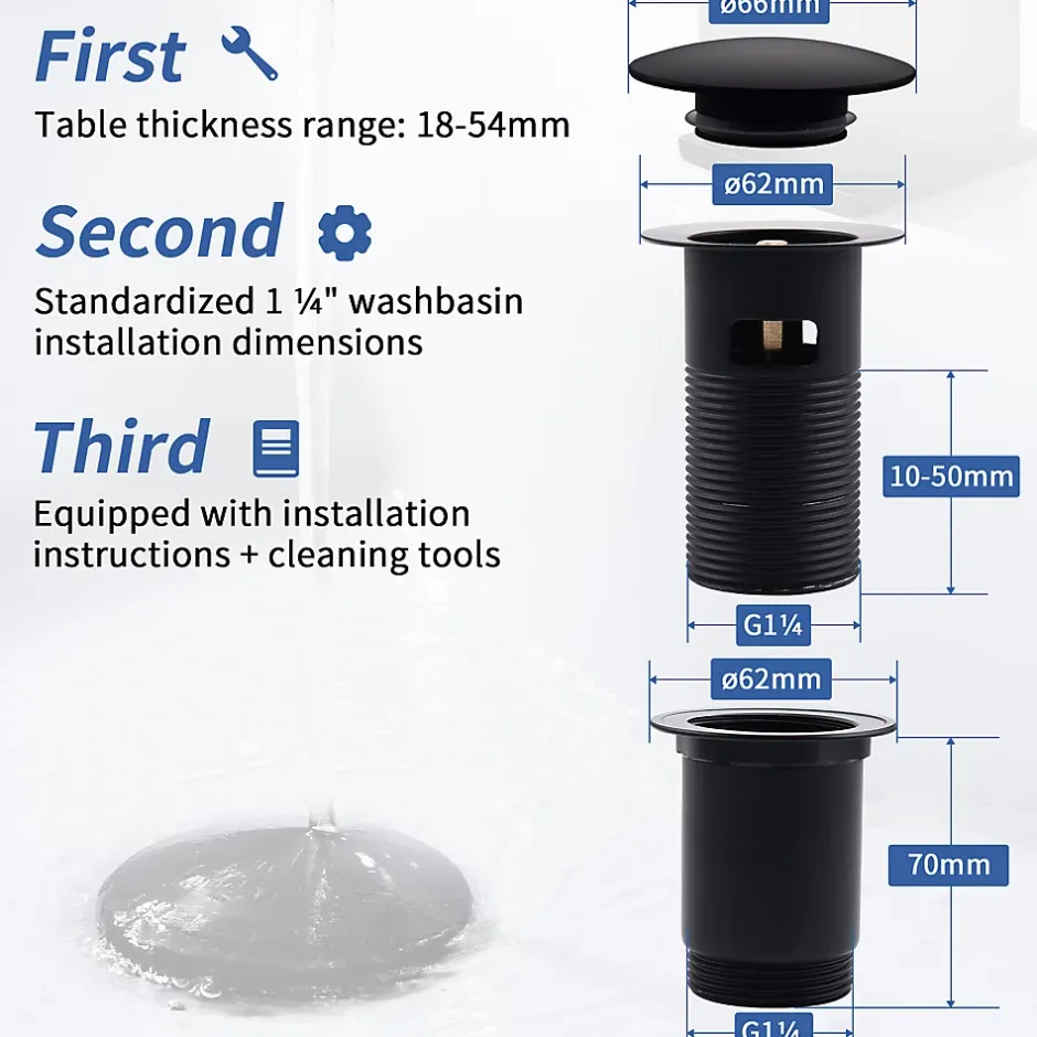 Siphon noir à clapet avec trop-plein, adapté aux lavabos et éviers-Homelody Online