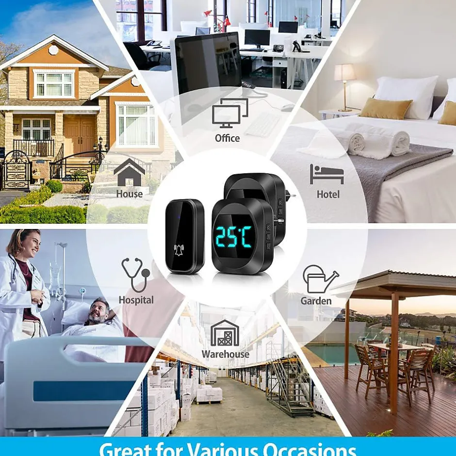 Sonnette de Porte Étanche Kit de Carillon Electronique avec 2 Récepteur Enfichables, 200M Gamme, 38 Mélodies au 4 Niveau de Volume^Deko Online